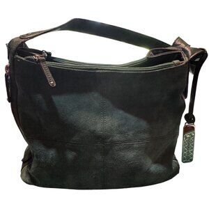 Tignanello Green Suede Genuine Leather Shoulder Bag With Zipper Closure & Patter